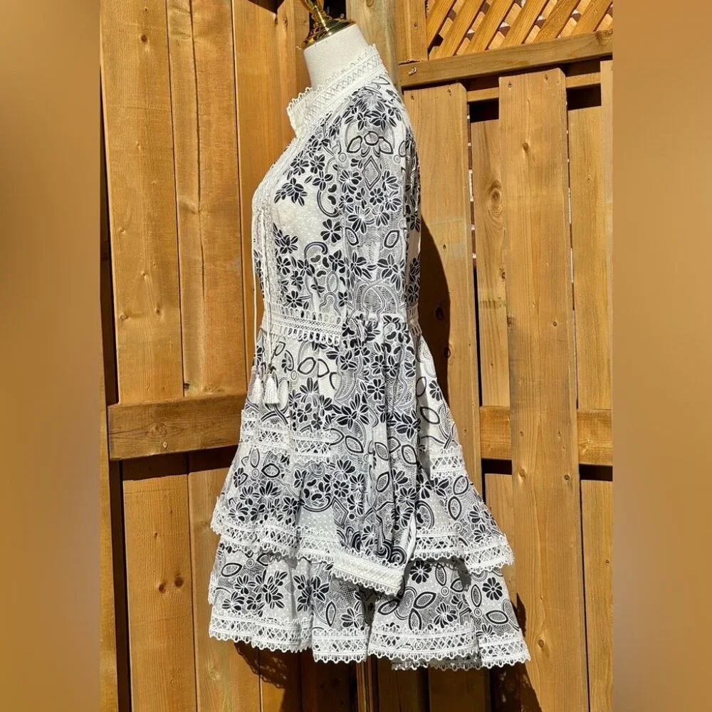 🆕 BRONX & BANCO 🧿 NWOT Santorini Long-Sleeve Tiered Floral Burnout Dress, Sz M